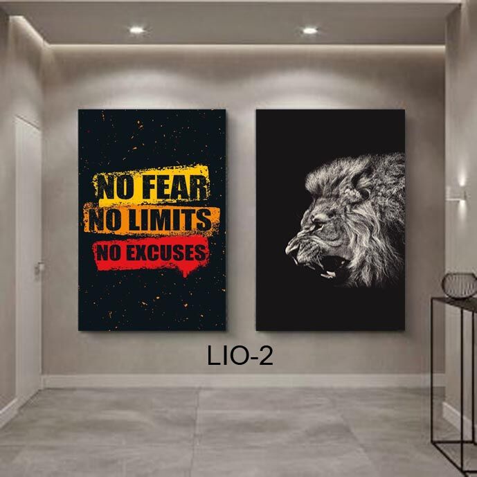 זוג תמונות קנבס לחדר שינה של אריה עם משפט מוטיבציה