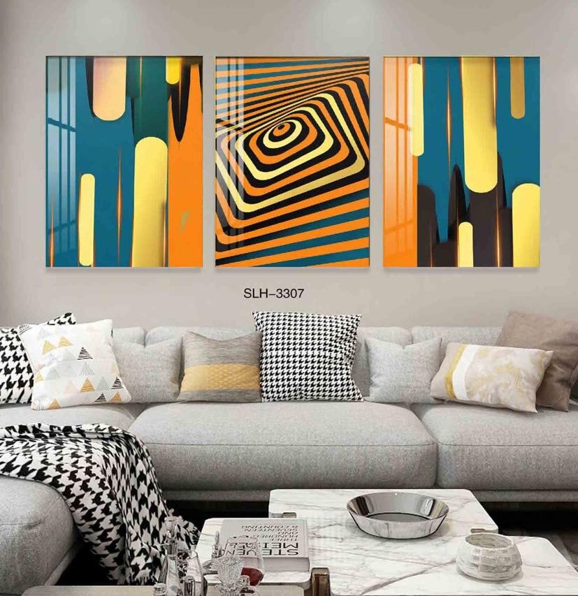 סט שלישיית תמונות על זכוכית לסלון או למשרד של אבסטרקט מחולק