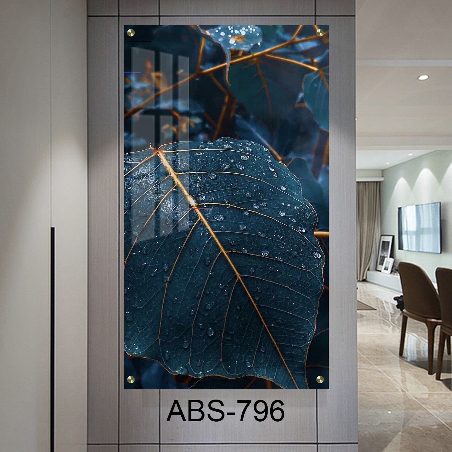 תמונת זכוכית ללובי או למשרד של עלים כחולים זהב