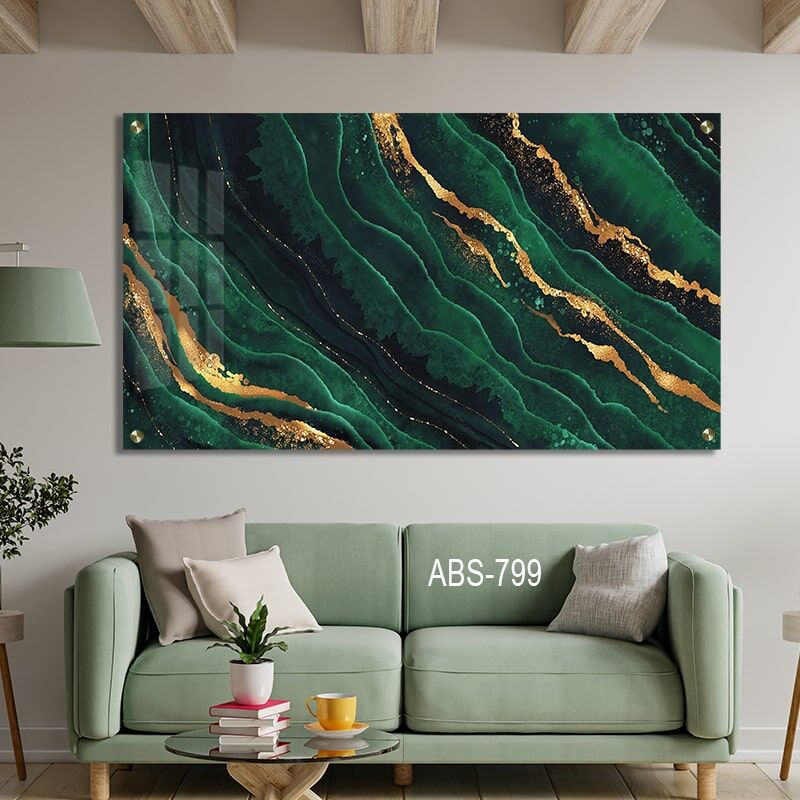 תמונת זכוכית לסלון או ללובי של אבסטרקט ירוק גלי