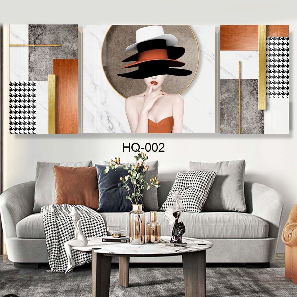 סט שלישיית תמונות על זכוכית לסלון או לחדר שינה של אבסטרקט אישה עם כובע