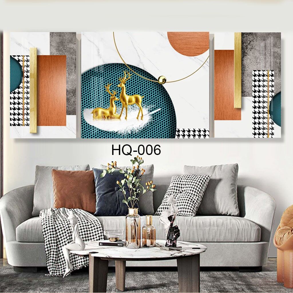 סט שלישיית תמונות על זכוכית לסלון או לפינת אוכל של אבסטרקט איילים מרובעים