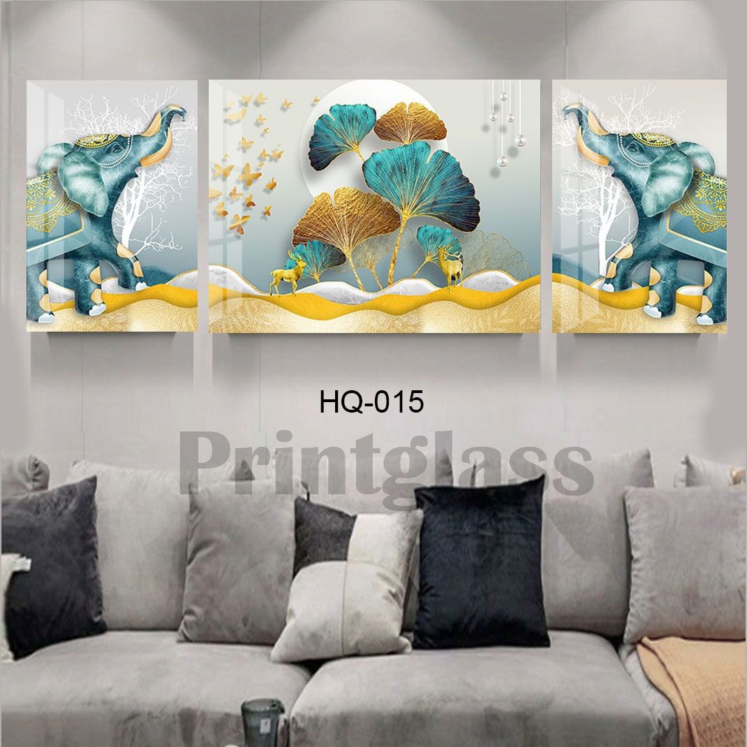 סט שלישיית תמונות על זכוכית לסלון או לפינת אוכל של אבסטרקט פילים כחולים