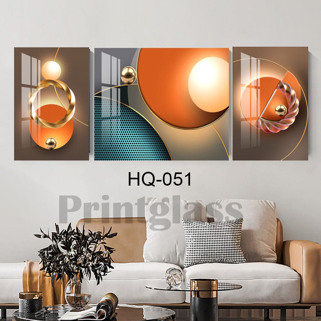 סט שלישיית תמונות על זכוכית לסלון או לפינת אוכל של אבסטרקט כדורים