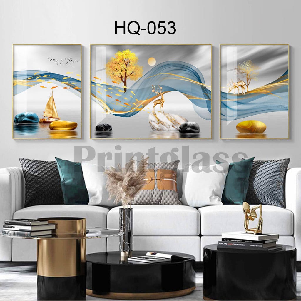 סט שלישיית תמונות על זכוכית לסלון פינת אוכל של אבסטרקט איילים