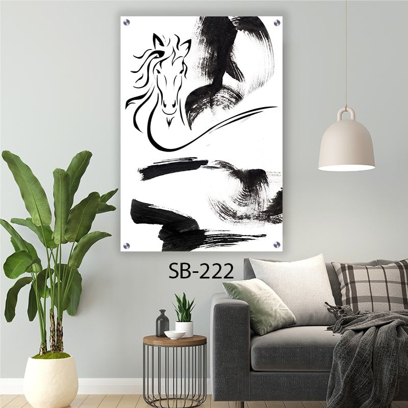 זוג תמונות על זכוכית לסלון או לפינת אוכל של סוס שחור לבן אבסטרקט