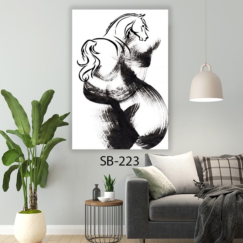 תמונת זכוכית לסלון או לחדר השינה של סוס מינימליסטי בשחור לבן