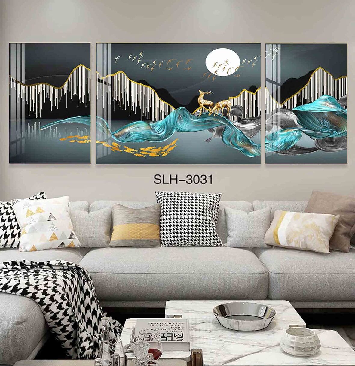 סט שלישיית תמונות על זכוכית לסלון או למשרד של איילים על הר תכלת