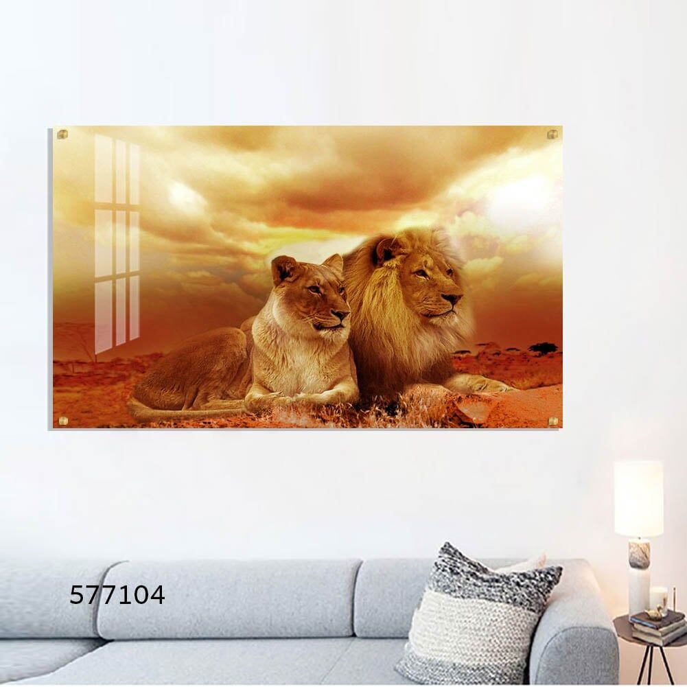 תמונת זכוכית לסלון או לחדר שינה של אריה ולביא בשקיעה