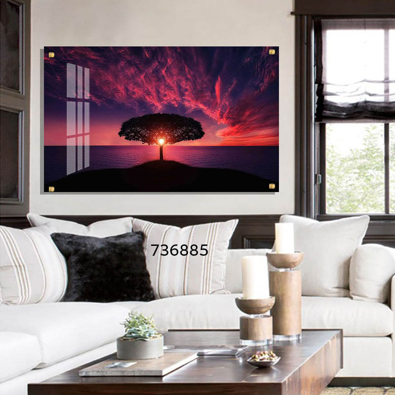 תמונת זכוכית לסלון או לחדר שינה של שקיעה מעבר לעץ