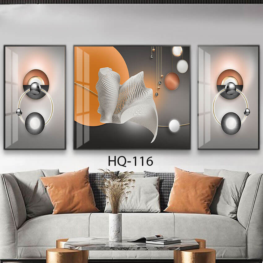 סט שלישיית תמונות על זכוכית לסלון של אבסטרקט כדורי