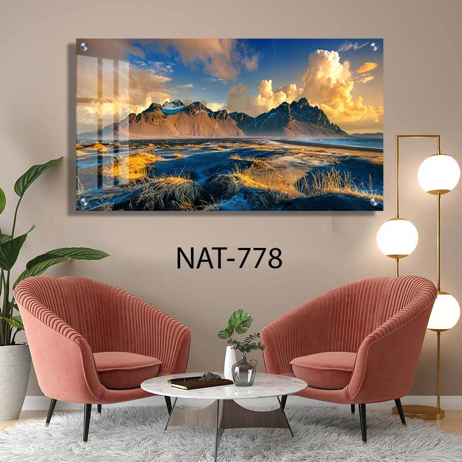 תמונת זכוכית לסלון או לחדר שינה של נוף הרים בשקיעה