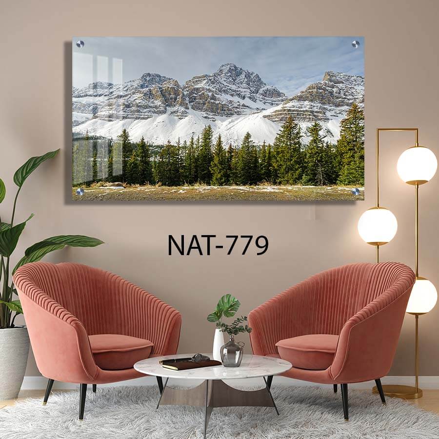 תמונת זכוכית לסלון או למשרד של נוף עצים והרים