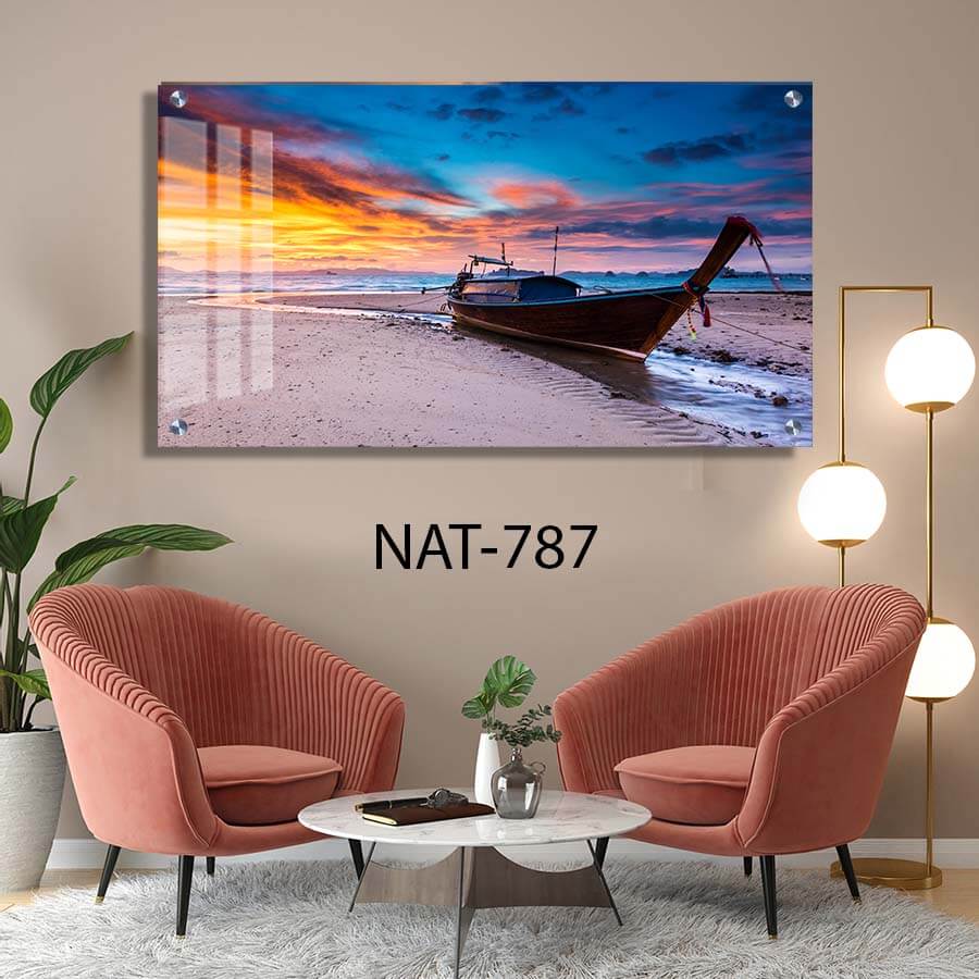 תמונת זכוכית לסלון או לפינת אוכל של נוף סירה בים