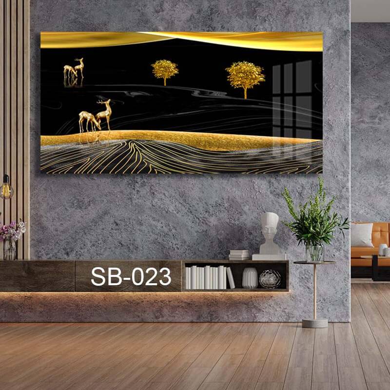 תמונת זכוכית לסלון או למשרד של איילים זהב בשדה בלילה