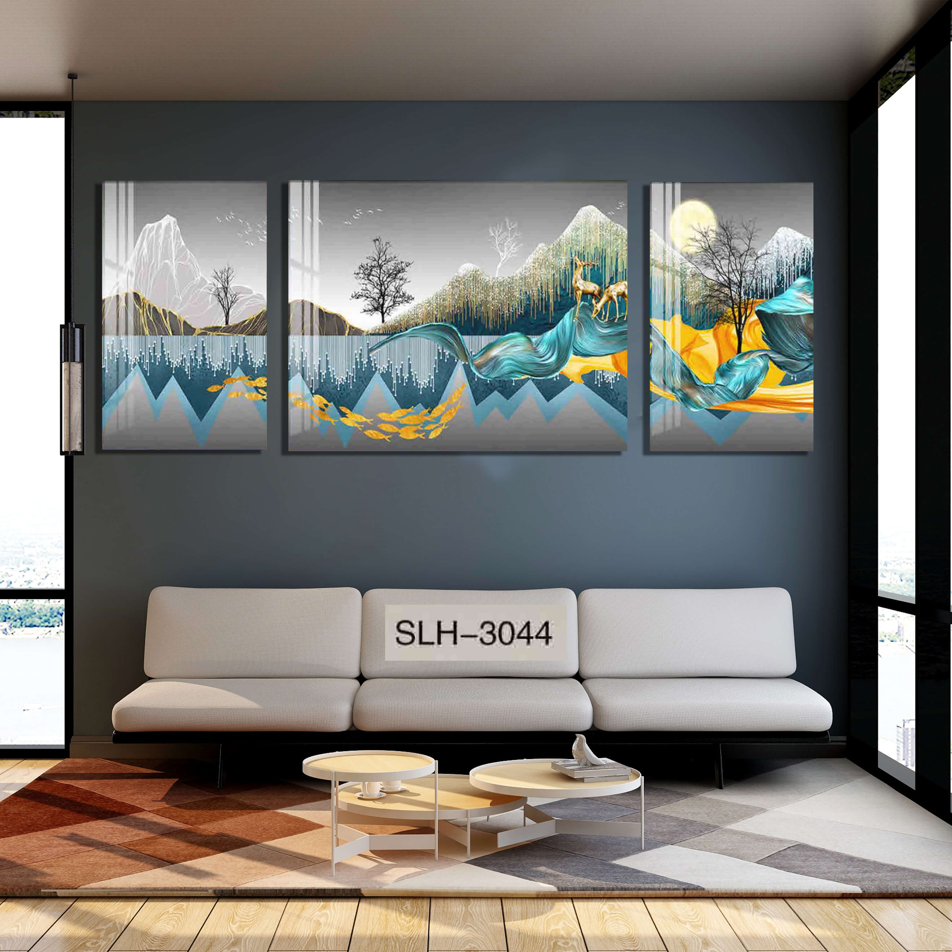 סט שלישיית תמונות על זכוכית לסלון של איילים בנהר