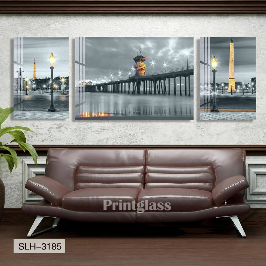 סט שלישיית תמונות על זכוכית לסלון של נוף גשרים