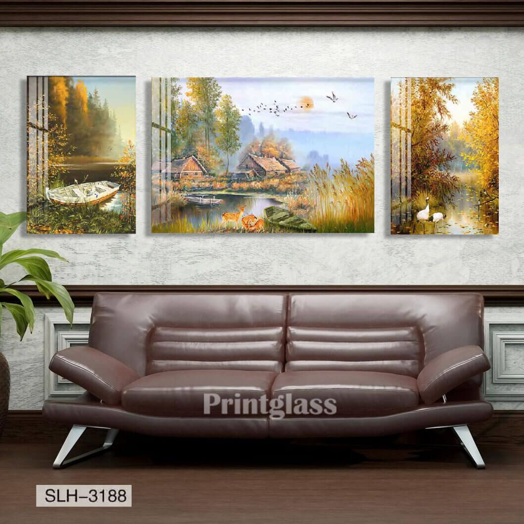 סט שלישיית תמונות על זכוכית לסלון של נוף כפרי