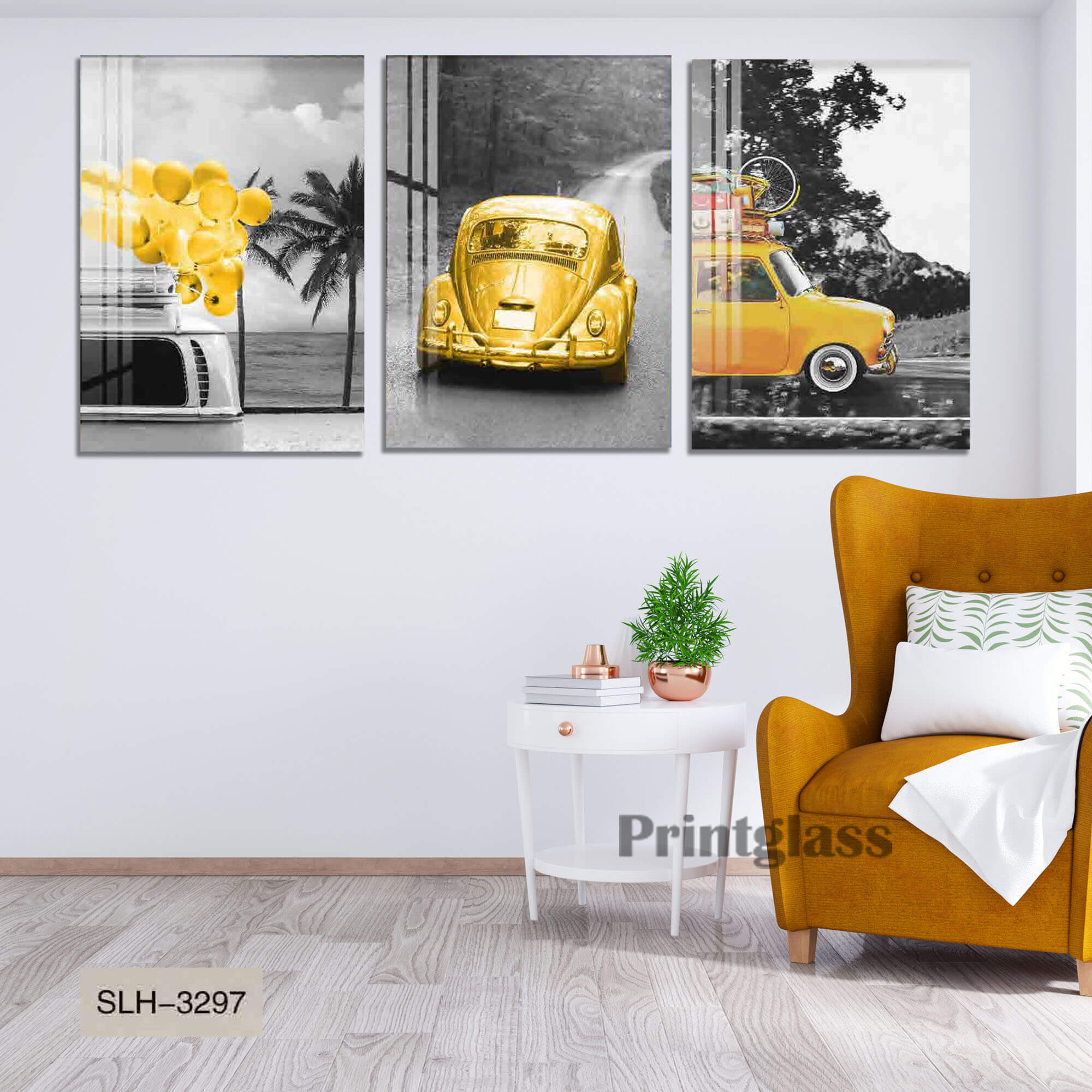 סט שלישיית תמונות על זכוכית לסלון של חיפושית צהובה