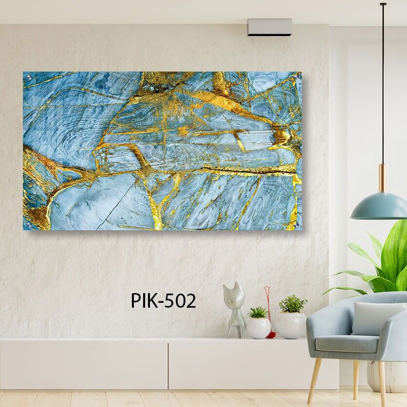 תמונת זכוכית לסלון או למשרד של אבסטרקט תכלת זהב