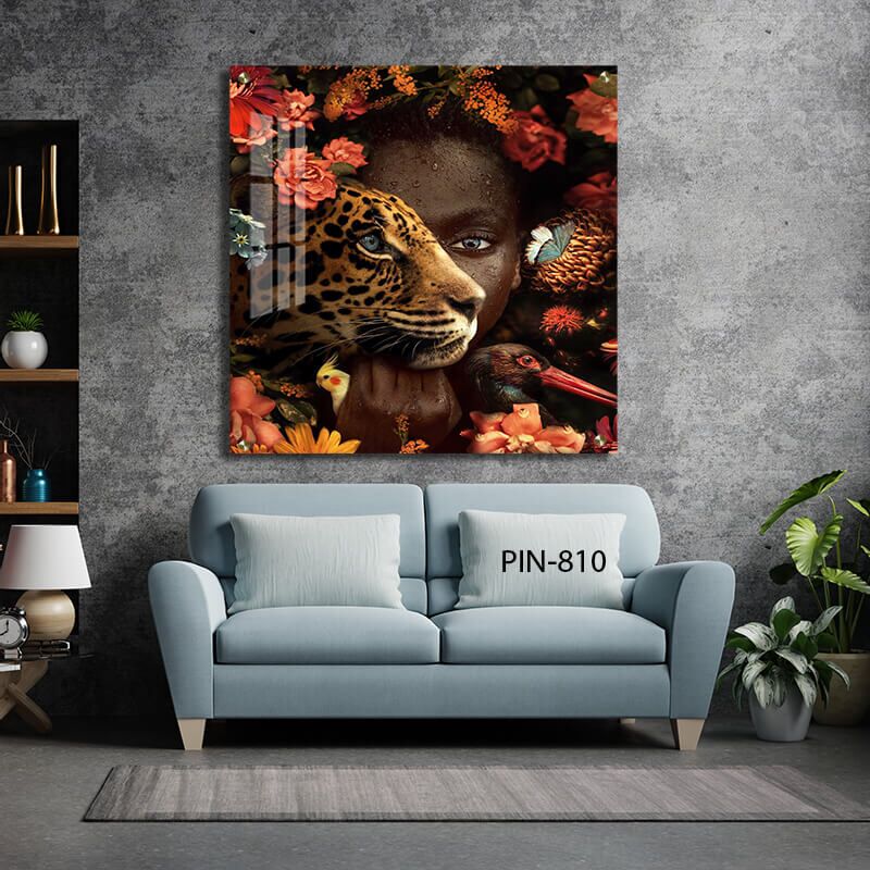 תמונת זכוכית מרובעת של נמר ואישה לחדר שינה