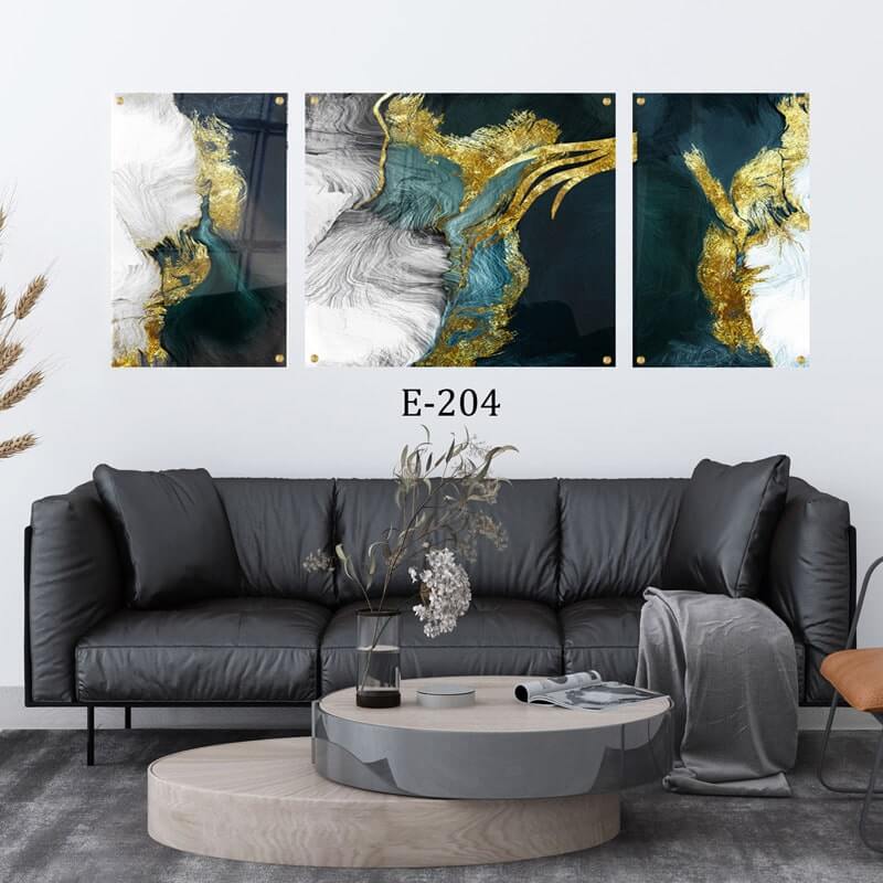 סט שלישיית תמונות זכוכית של אבסטרקט זהב ירוק