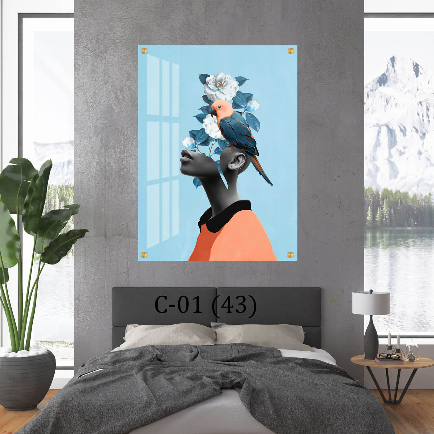 תמונת זכוכית לסלון של אישה עם ציפור