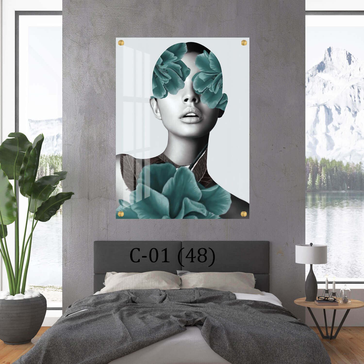 תמונת זכוכית לחדר של אישה עם פרחים כחולים