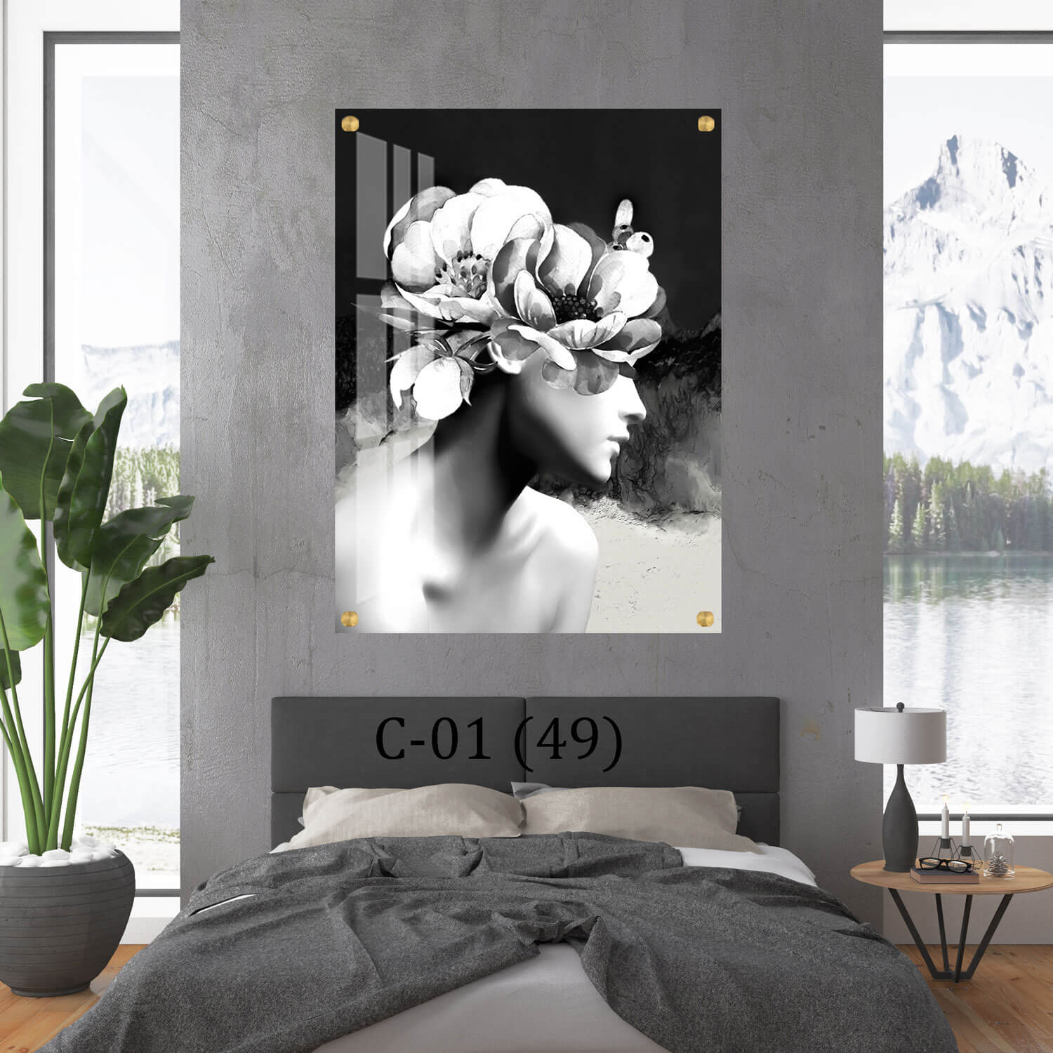 תמונת זכוכית לסלון של אישה פרח שחור לבן