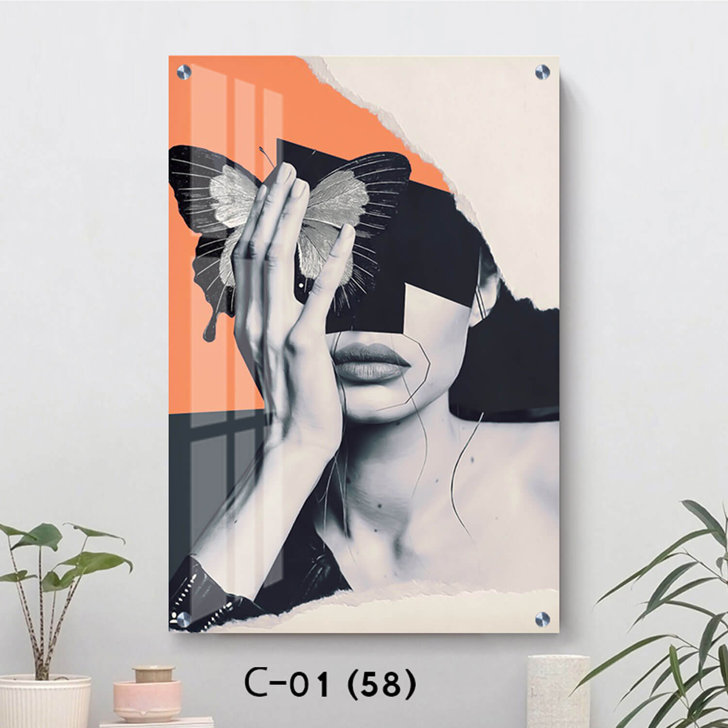 תמונות זכוכית לחדר של אישה עם פרפר