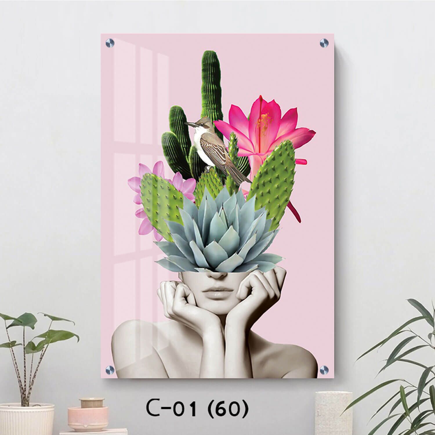 תמונת זכוכית לסלון של אישה קקטוס