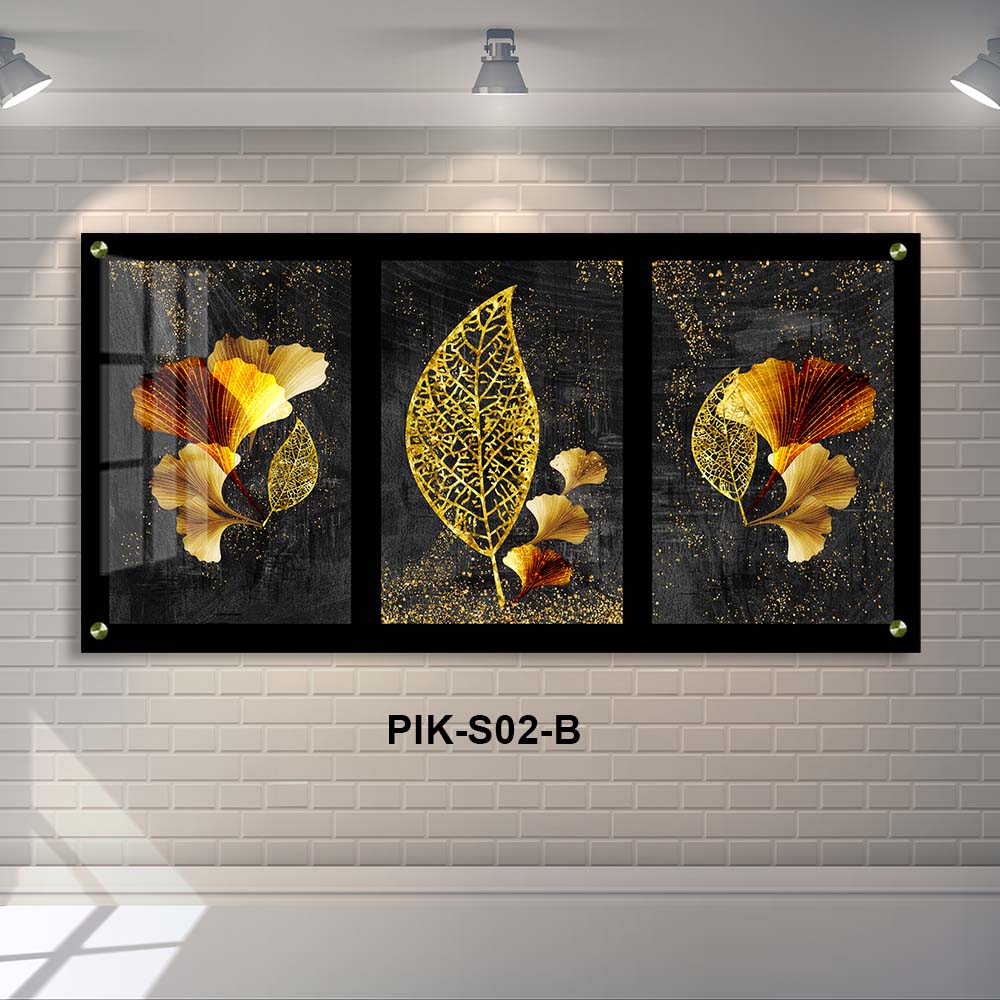 תמונת זכוכית לסלון של עלים מזהב ברקע שחור