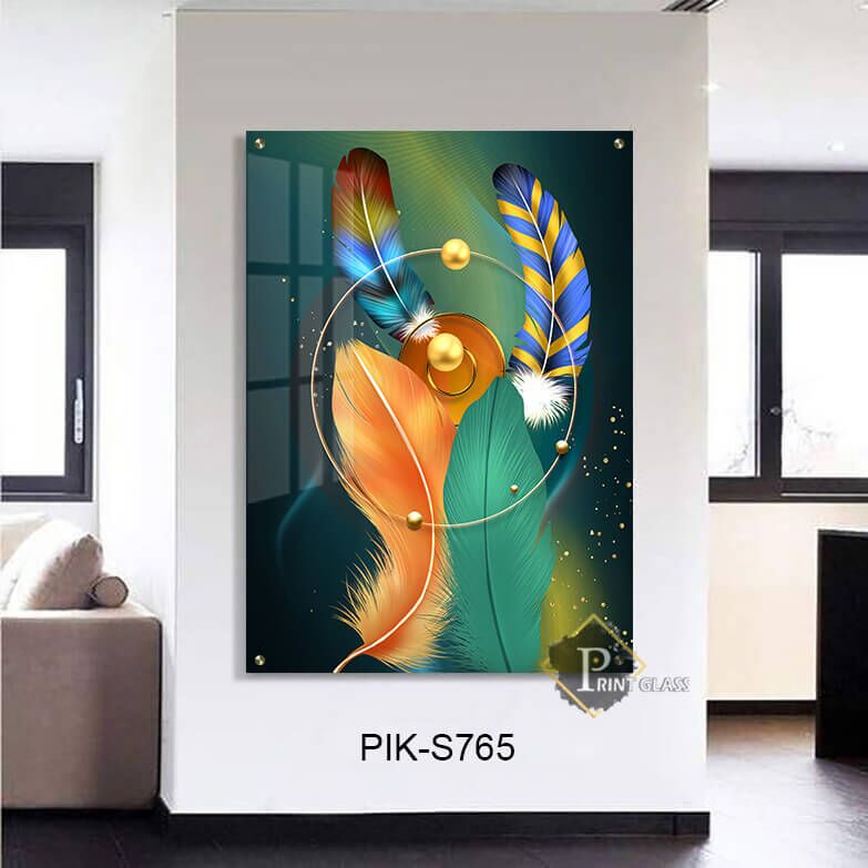 תמונת זכוכית של נוצות ירוקות לסלון