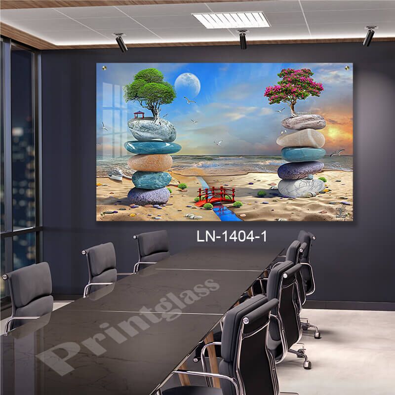 תמונת זכוכית לסלון או ללובי בניין של חלוקי נחל בחוף ים