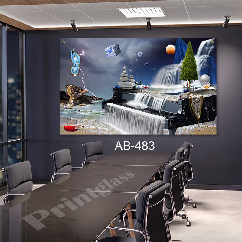 תמונה על זכוכית לסלון או לחדר השינה של מפל עם שעון נוזל