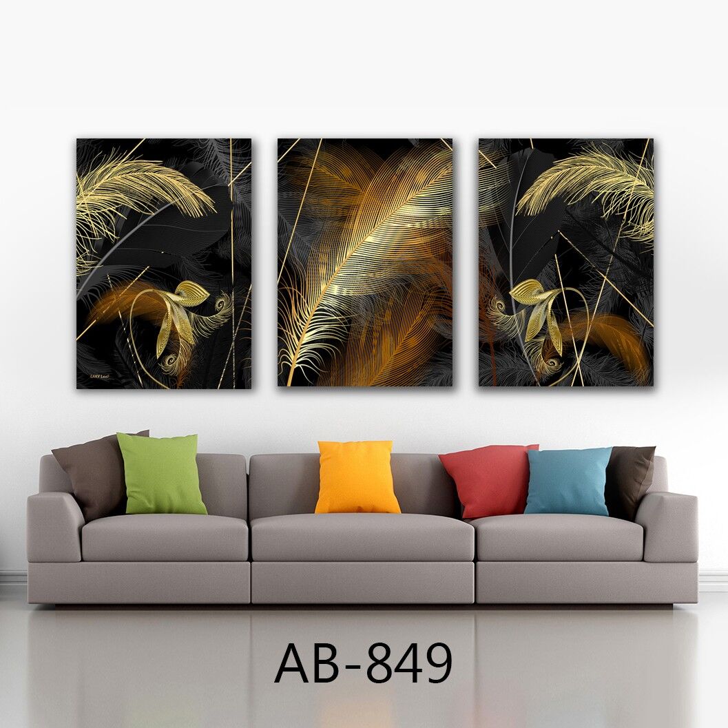 סט שלישייה של תמונות על זכוכית של שלישיית עלים בזהב לסלון