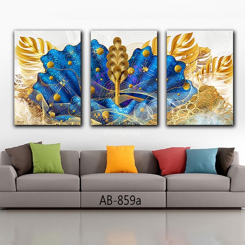 סט שלישייה של תמונות על זכוכית של היער בכחול לסלון