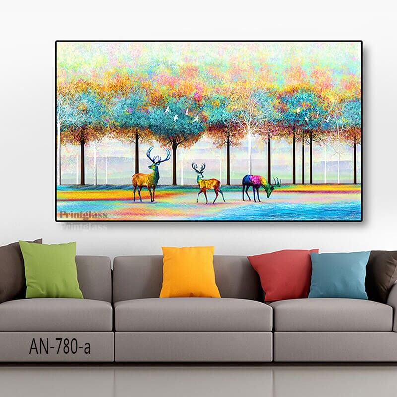 תמונת זכוכית לסלון או לחדר שינה של איילים ביער צבעוני