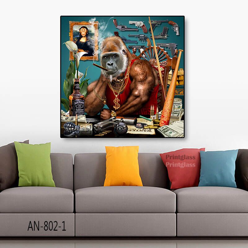 תמונת זכוכית מגניבה קוף עם אקדח לחדר שינה