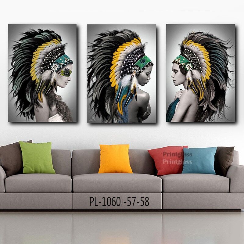 סט שלישיית תמונות על זכוכית לסלון של אישה אינדיאנית
