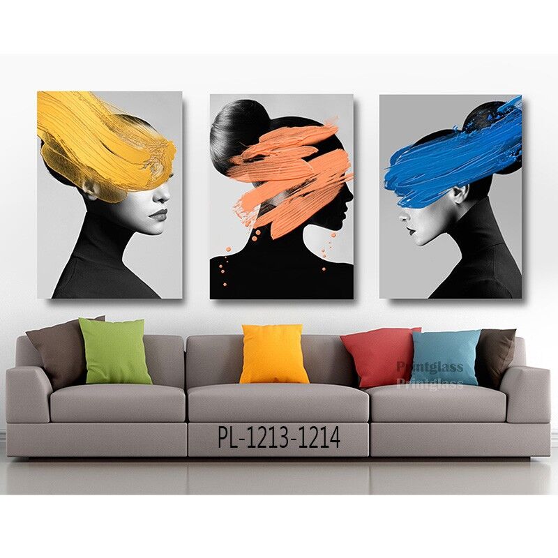 סט שלישיית תמונות על זכוכית לסלון של נשים צבע מכחול