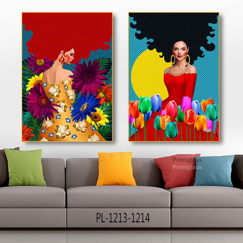 זוג תמונות על זכוכית לסלון של ציור אישה מנוקד