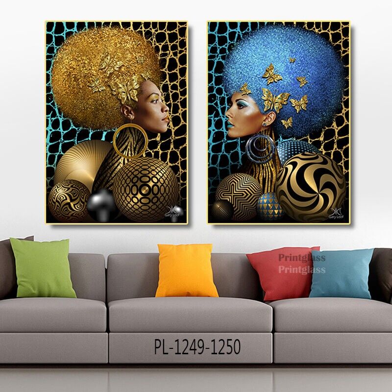 זוג תמונות על זכוכית לסלון של אישה אפריקאית ציור