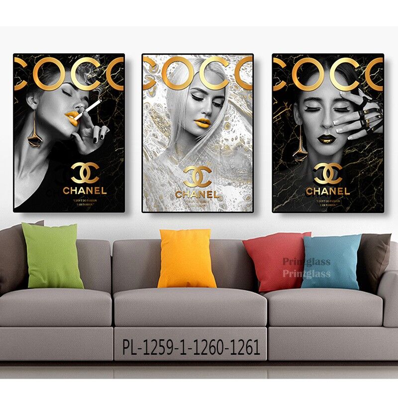 סט שלישיית תמונות על זכוכית לסלון של נשים קוקו שאנל