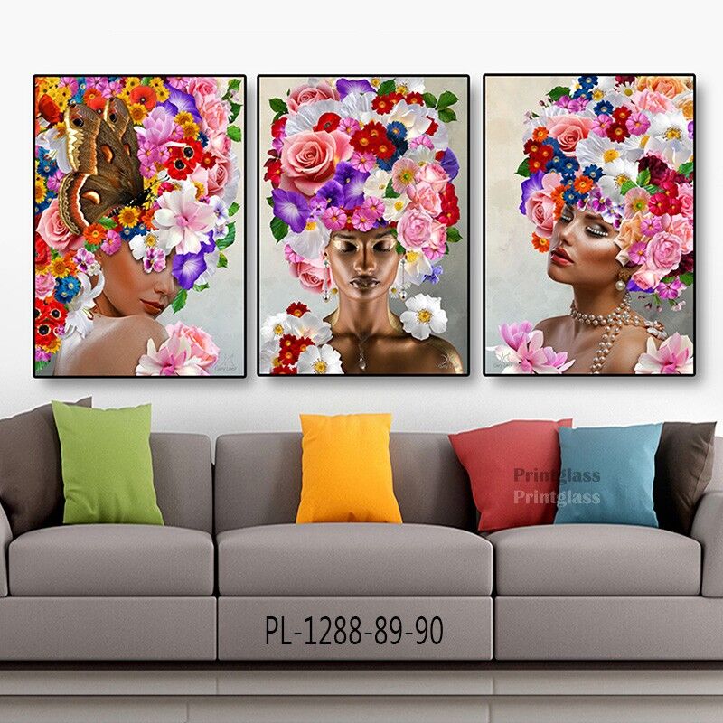 סט שלישיית תמונות על זכוכית לסלון של פרחים על הראש