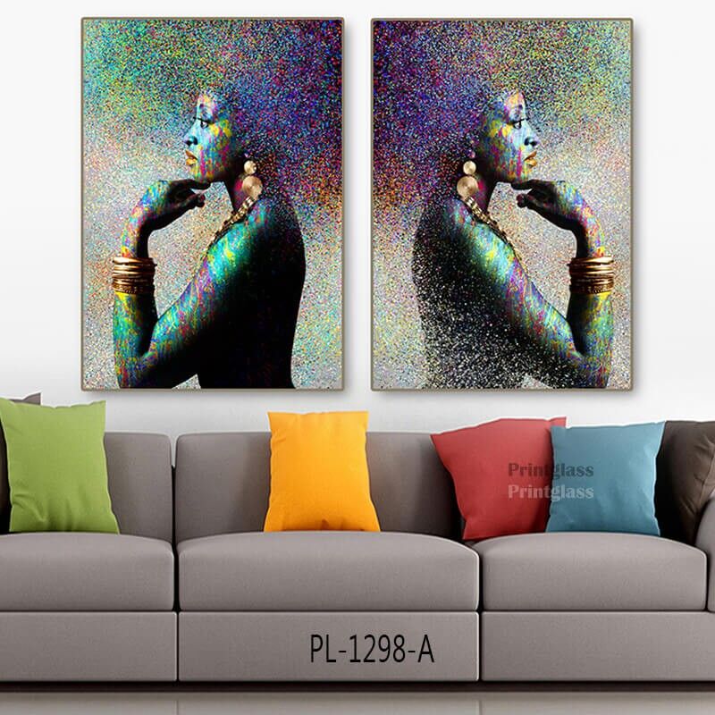 זוג תמונות על זכוכית לסלון של ציור אישה אפריקאית