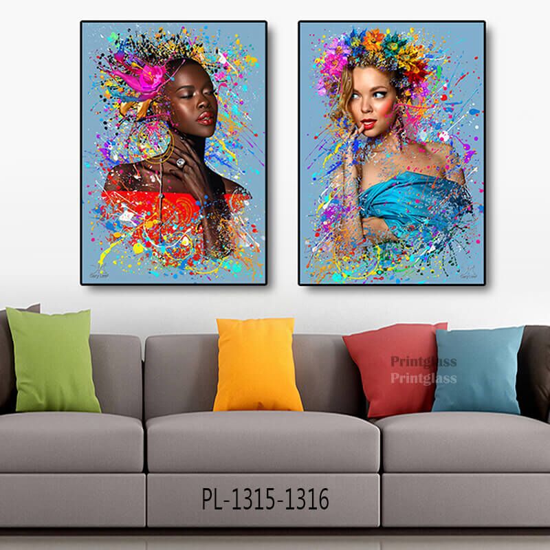 זוג תמונות על זכוכית לסלון של נשים צבעוניות