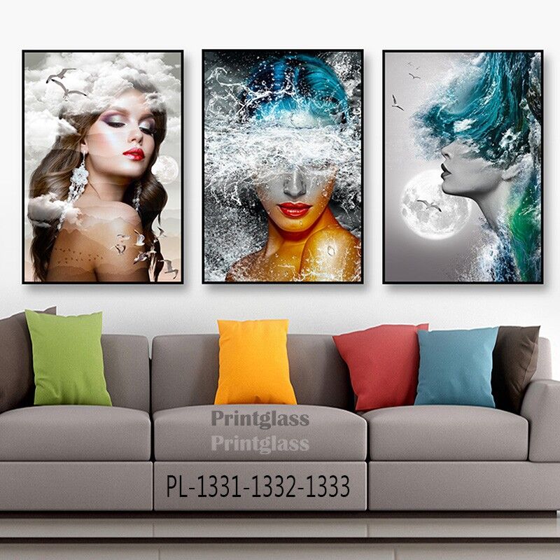 סט שלישיית תמונות על זכוכית לסלון של נשים סוריאליסטיות