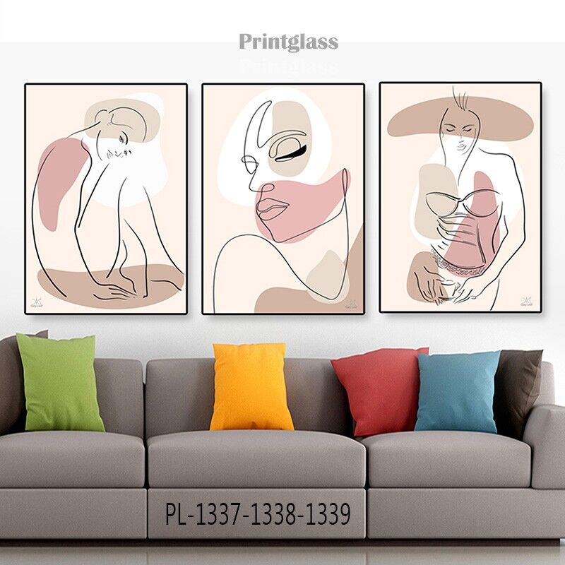 סט שלישיית תמונות על זכוכית לסלון של ציורים מינימליסטים