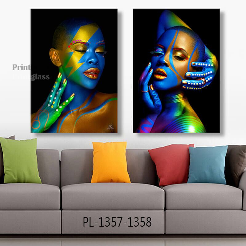 זוג תמונות על זכוכית לסלון של ציור אישה אפריקאית צבעונית